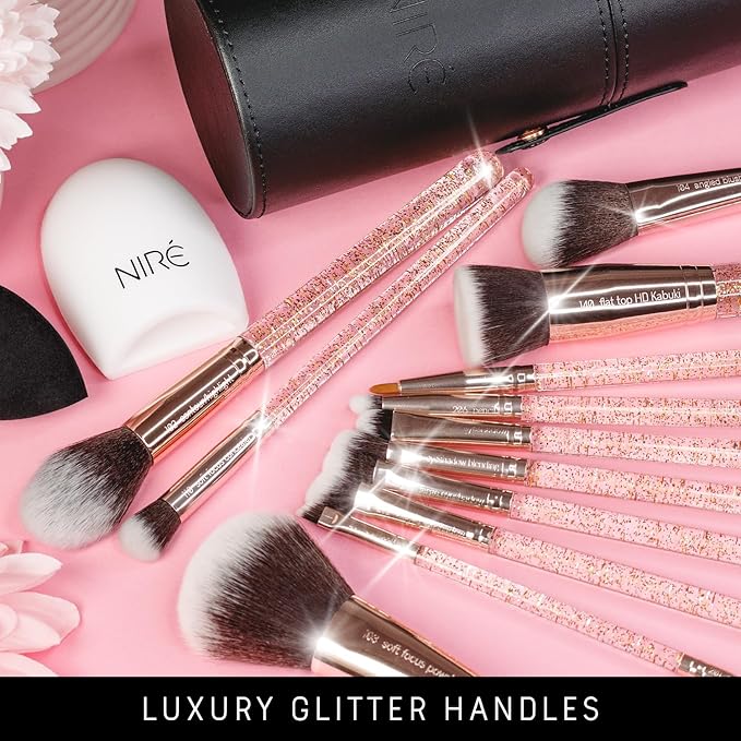 Niré Beauty 15piece Award Winning Glitter Makeup Brushes: Cute Makeup Brushes Set with Case, Beauty Blender, Cleaner, Guide, Gift Box-VivaGrace Women