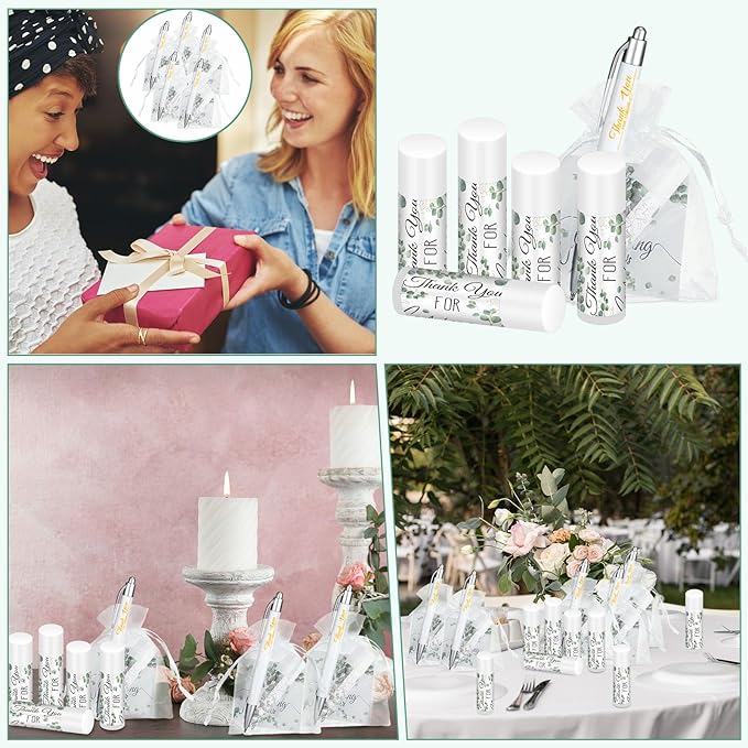 50 Set Bulk Thank You Combo Gifts Include Lip Balms Appreciation Ballpoint Pen Thank You Card Organza Drawstring Gift Bag Pouch for Wedding Parties Baby Shower Favors, Eucalyptus Leaves Style-VivaGrace Women