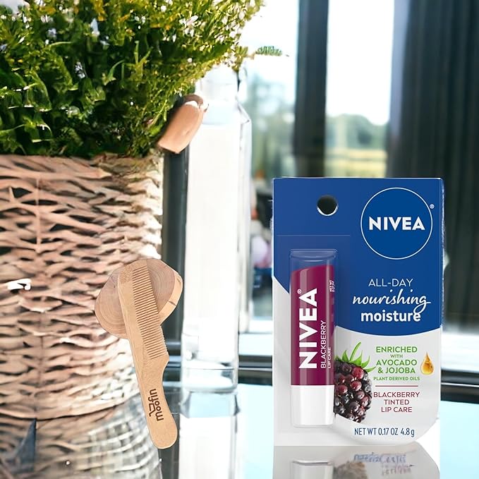 Nivea Lip Balm Hydrating, 0.17 Oz, Enriched with Avocado & Jojoba for Soft, Smooth Lips, Hydrating Lip Balm Includes Moofin Wooden Comb, Blackberry Scent, Lip Balms & Moisturizers, [Pack of 4]-VivaGrace Women