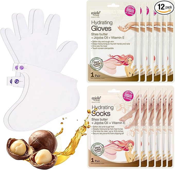 Epielle Hydrating Hand & Foot Masks 12 Pairs, Deep Moisturizing Socks & Gloves, Soften Dry Hands & Cracked Heels with Shea Butter & Jojoba Oil, Korean Skin Care, Foot Spa, Self Care Gifts for Women-VivaGrace Women