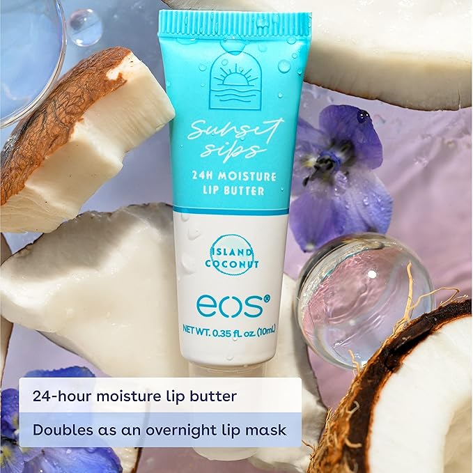 eos Sunset Sips Lip Butter Trio- Includes Pink Lemonade, Island Coconut & Wild Cherry Slushie Flavors, 24-Hour Moisture, Doubles as an Overnight Lip Mask, 3-Pack-VivaGrace Women
