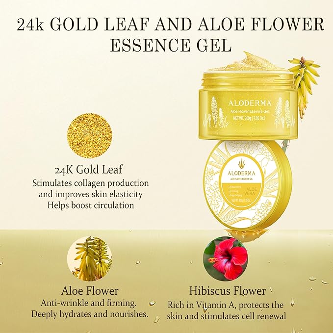 Aloderma Age-Defying Aloe Flower Essence Gel with 24K Gold Leaf, Made within 12 Hours of Harvest - Luxurious Aloe Gel with Allantoin & Hyaluronic Acid for a Shimmering, Youthful Complexion, 7oz 2-Pack-VivaGrace Women