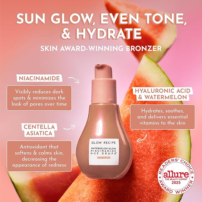 Glow Recipe Hue Drops Tinted Face Serum - Bronzing Drops to Brighten & Hydrate - Skincare Makeup Primer & Liquid Highlighter to Blur Pores for a Radiant, Even Skin Tone - Sunglow (40ml)-VivaGrace Women