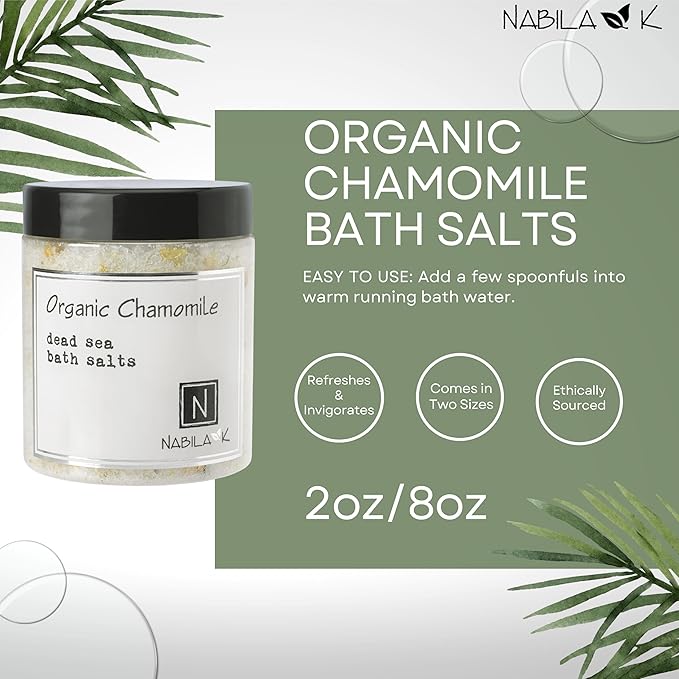 Organic Chamomile Bath Salts by Nabila K - Dead Sea Salt & Epsom Salt Scrub & Soak - Exfoliates & Hydrates Skin, Botanical Essential Oils - Bubble Bath Accessories for All Skins Types, 8 oz-VivaGrace Women