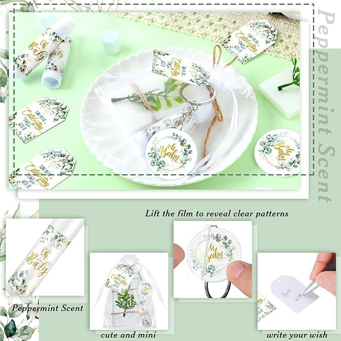 60 Sets 360 Pcs Lip Balm Soap Keychain Favors Eucalyptus Greenery Baby Shower Favors with Organza Bag Gift Card Faux Eucalyptus Greenery for Baby Shower Gift Gender Reveal Guest Prize-VivaGrace Women