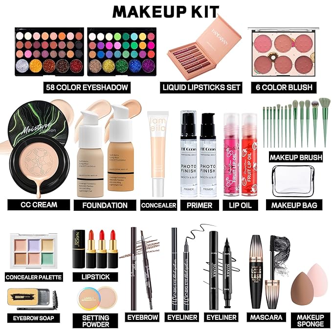 Makeup Set Makeup Set for Women Girls Teens Full Kit, Makeup Present Set for Beginners and Professionals Include Eyeshadow Palettes, Foundation, CC Cream, Liquid Lipsticks Set-VivaGrace Women
