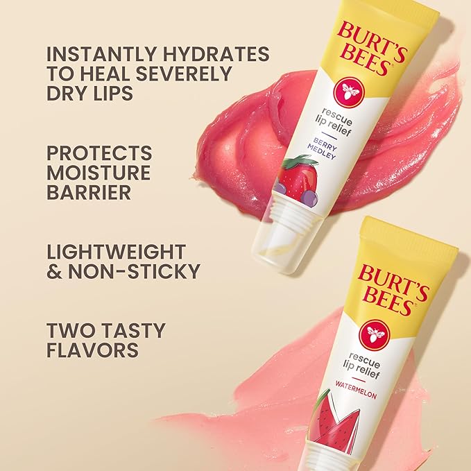 Burt's Bees Rescue Lip Relief, Watermelon & Berry Medley, Hydrating Lip Balm for Dry Cracked Lips, with Responsbily Sourced Beeswax and Shea Butter, 100% Natural Origin, 2 Pack, 0.35oz-VivaGrace Women