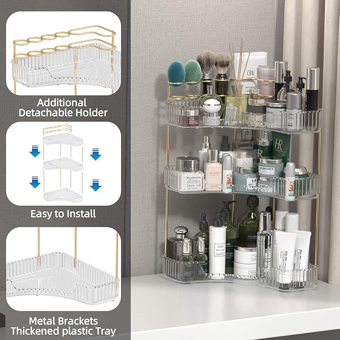 Makeup Organizer Countertop 3 Tier, Corner Bathroom Countertop Organizer with Toothbrush and Makeup Brush Holder, Corner Vanity Tray for Skincare Organization-VivaGrace Women