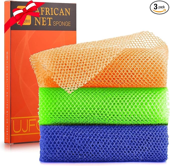 UJFQBH 3 Pieces African Bath Sponge African Net Long Net Bath Sponge Exfoliating Shower Body Scrubber Back Scrubber Skin Smoother,Great for Daily Use (Orange、Blue、Green)-VivaGrace Women