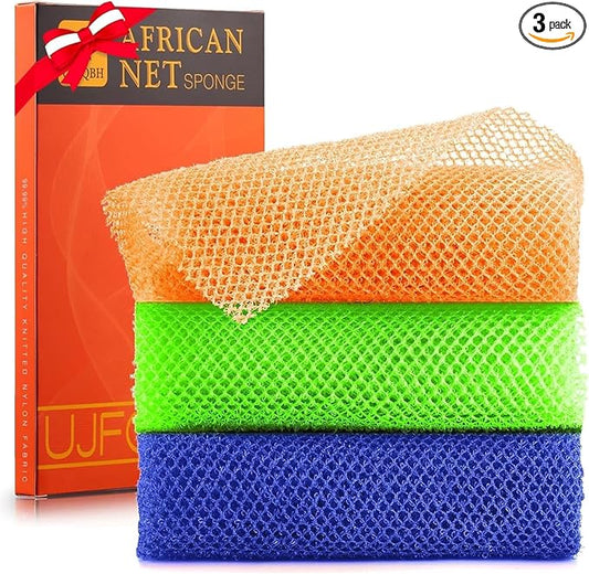 UJFQBH 3 Pieces African Bath Sponge African Net Long Net Bath Sponge Exfoliating Shower Body Scrubber Back Scrubber Skin Smoother,Great for Daily Use (Orange、Blue、Green)-VivaGrace Women
