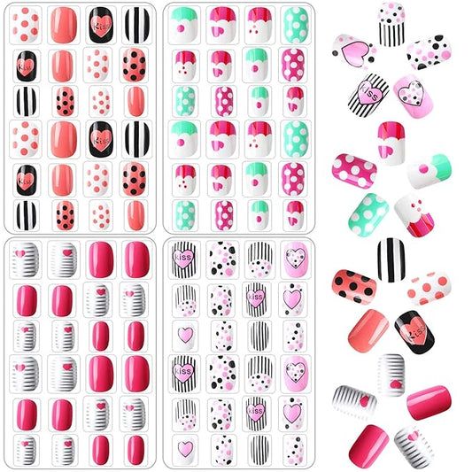 JANYUN 96 Pcs Children False Nails Valentine's Day Short Fake Stick on Nails Kit for Girls Stick on Nails