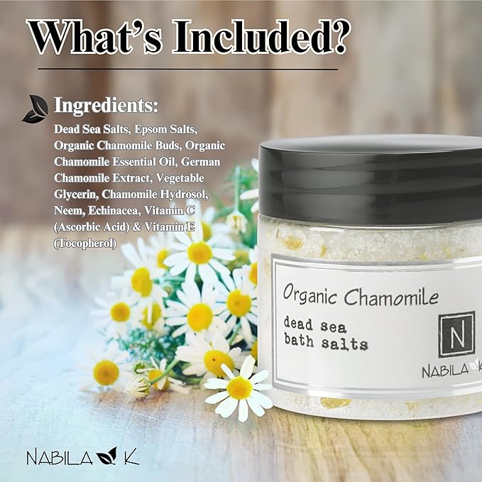 Organic Chamomile Bath Salts by Nabila K - Dead Sea Salt & Epsom Salt Scrub & Soak - Exfoliates & Hydrates Skin, Botanical Essential Oils - Bubble Bath Accessories for All Skins Types, 8 oz-VivaGrace Women