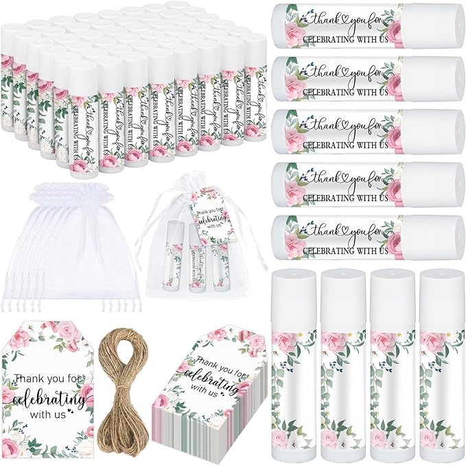 Dunzy 50 Pack Bridal Shower Favors Gifts Bulk Lip Balms Peony Wedding Favors Bachelorette Baby Shower Favor Prizes Souvenirs Thank You Appreciation Gifts for Guests Women Coworker Staff-VivaGrace Women