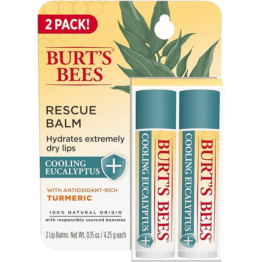 Burt's Bees 100% Natural Origin Rescue Lip Balm With Beeswax and Antioxidant-Rich Turmeric Promotes Healing Of Extremely Dry Lips, Cooling Eucalyptus, 2 Tubes in Blister Box(Pack May Vary)-VivaGrace Women