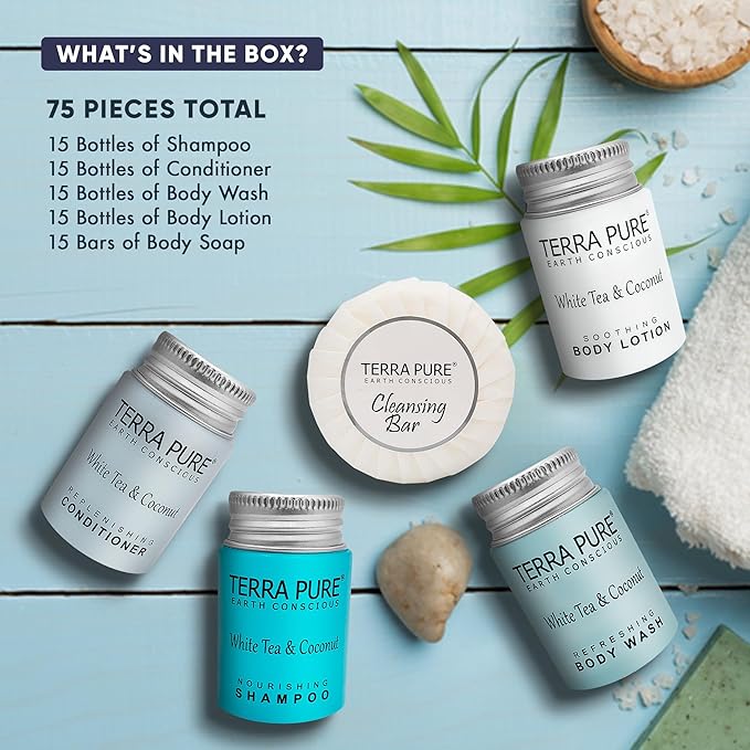 Terra Pure White Tea & Coconut Hotel Size Toiletries Set | 1-Shoppe All-In-Kit | 1 oz. Liquids and 1.25 oz. Bar Soap | Amenities For Hotels, Airbnb & Rentals | (75 pieces)-VivaGrace Women