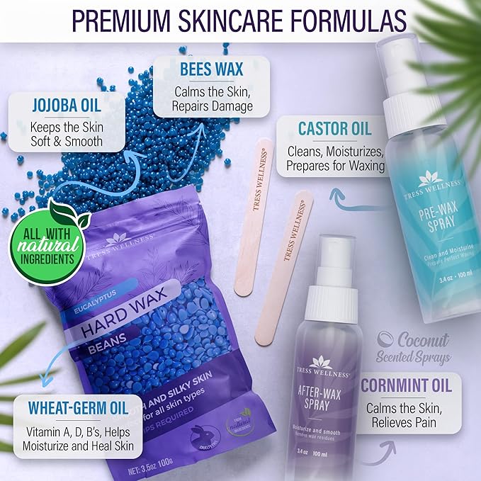Tress Wellness Waxing Kit for Sensitive Skin – Safe for Face & Skin, Prep & Aftercare Spray, Easy to Use – At-Home Kit for Face, Bikini, Brazilian & Full Body - Digital Display, Black Purple Flower-VivaGrace Women