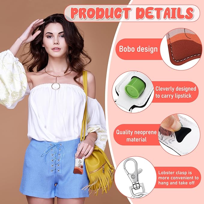 6 Pcs Boho Lip Balm Sleeve Keychain Lipstick Holder Key Chain with Portable Clip Lip Gloss Pouch Keychain for Women Graduation Travel Accessory Stocking Stuffers Gifts-VivaGrace Women