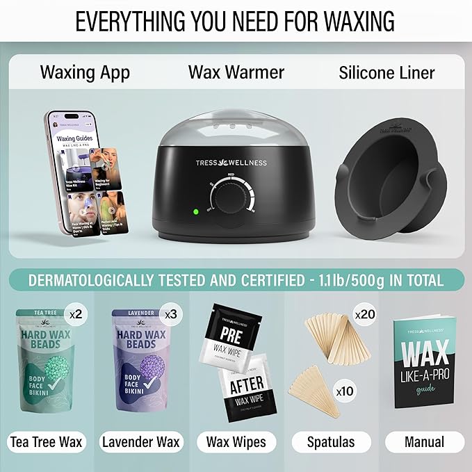 Tress Wellness Waxing Kit for Sensitive Skin – Safe for Face & Skin, Prep & Aftercare Spray, Easy to Use – At-Home Kit for Face, Bikini, Brazilian & Full Body – Black, No Display-VivaGrace Women