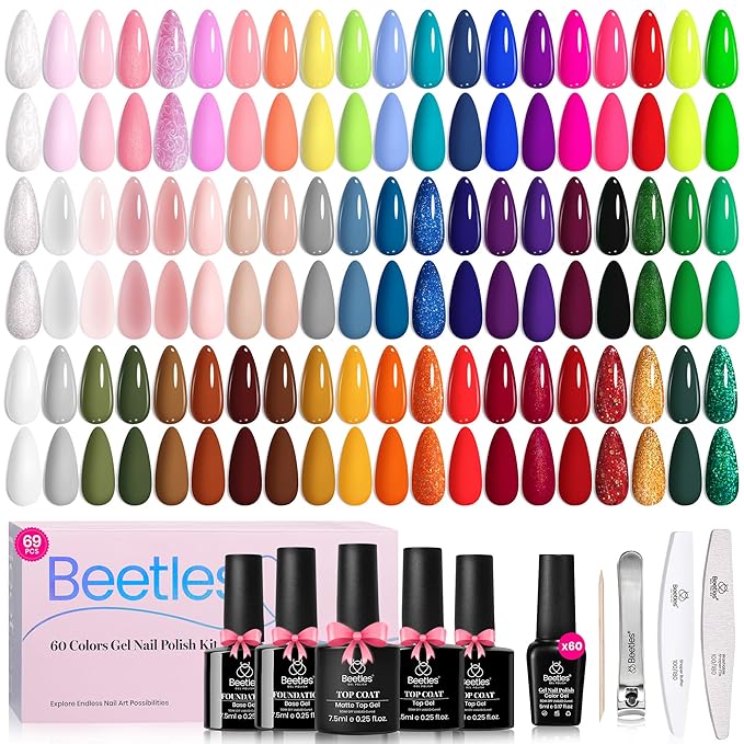 Beetles Gel Nail Polish Set, 60 Colors Fall Uv Gel Polish Kit Jelly Brown Glitter Nude Pink White Red Blue Green Color Nail Polish Base &Glossy Matte Top Coat Gift for Her Women-VivaGrace Women