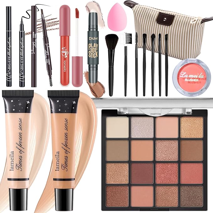 Makeup Set for Girls Teens Women, Full Face Makeup Kit, Travel Makeup Kit, Makeup Present Set, Eyeshadow Foundation, Blusher Counter Stick, Pencil Eyeliner Lip Gloss, Makeup Brushes Sponge Bag-VivaGrace Women