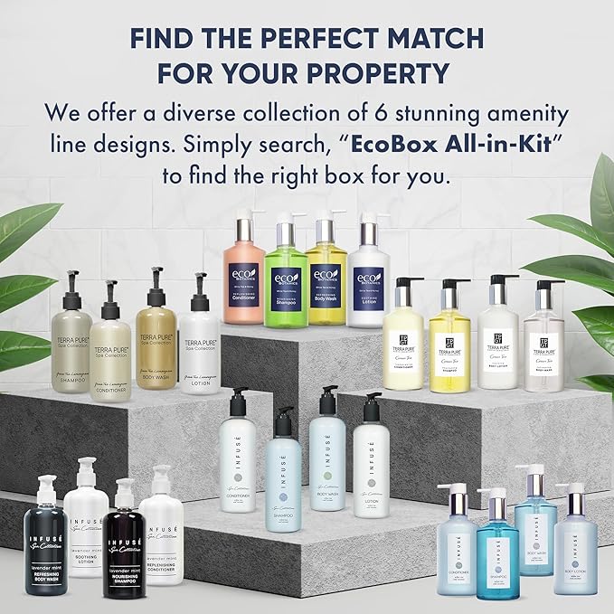 A 40 Piece Ecobox All-In-Kit of our Ecobotanics 10.14 oz. 300 ml Bottles-12 Shampoo, 8 Conditioners, 12 Body Wash & 8 Lotions-VivaGrace Women