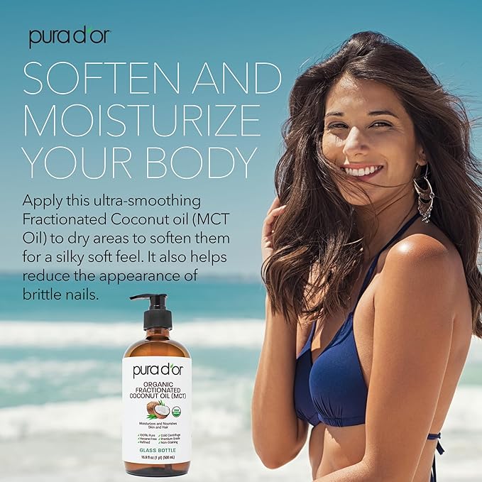 PURA D'OR 16.9 Oz ORGANIC Fractionated Coconut Oil MCT Oil (GLASS BOTTLE) 100% Pure & Natural USDA Certified Cold Pressed - Unscented, Hexane Free Moisturizer For Face, Skin & Hair Tonic - Men & Women-VivaGrace Women