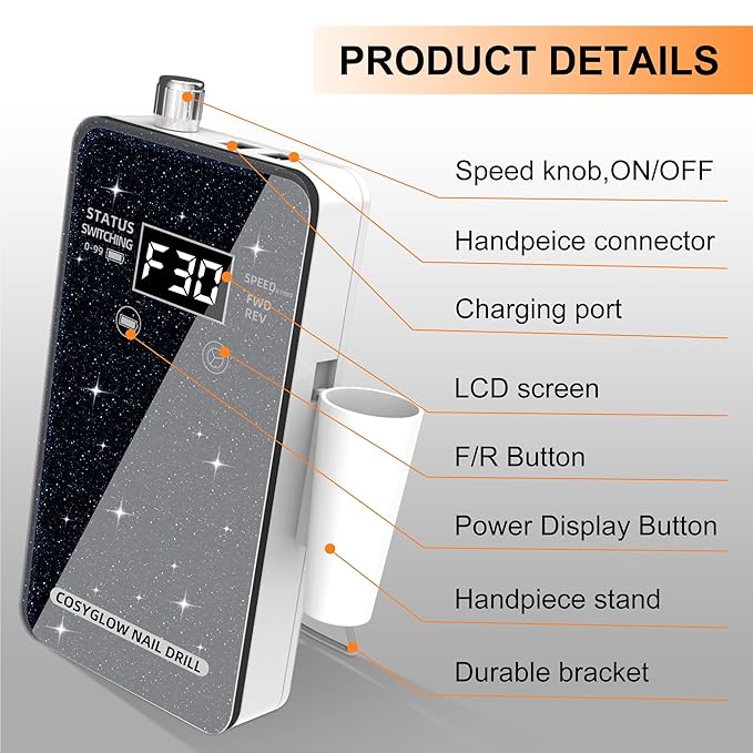 Professional Electric Nail Drill File:COSYGLOW Glitter Portable Cordless E-File Nail Drill Kit with 11 Drill Bits,30000 RPM Rechargeable Nail Drills Machine for Acrylic Nails Gel Polishing(Black)-VivaGrace Women