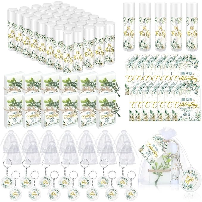 60 Sets 360 Pcs Lip Balm Soap Keychain Favors Eucalyptus Greenery Baby Shower Favors with Organza Bag Gift Card Faux Eucalyptus Greenery for Baby Shower Gift Gender Reveal Guest Prize-VivaGrace Women