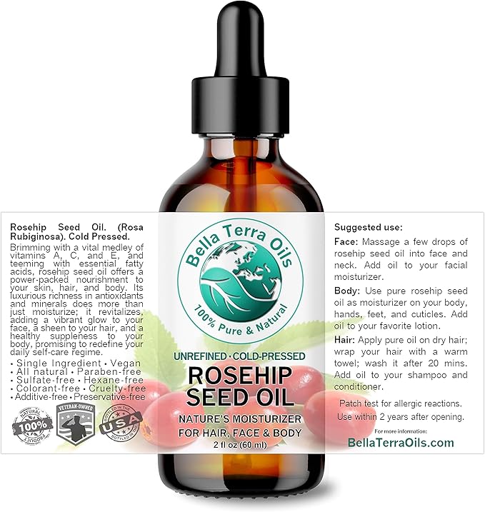 Bella Terra Oils - Organic Rosehip Seed Oil 2 oz - Cold-Pressed Elixir, Rich in Vitamin A, C, & E, Linoleic & Alpha-Linolenic Acid, Perfect Facial Emollient-VivaGrace Women