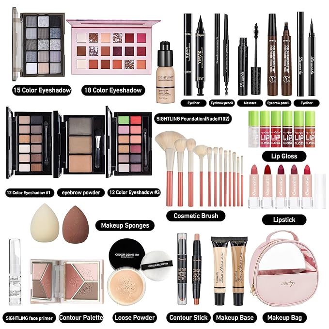 All In One Makeup Kit, Travel Makeup Kit, Makeup Gift Set, Makeup Kit for Women Full Kit, Makeup Bundle Includes Foundation Eyeshadow Palette Lipstick Eyeliner Mascara Contour Stick Cosmetic Brush Set-VivaGrace Women