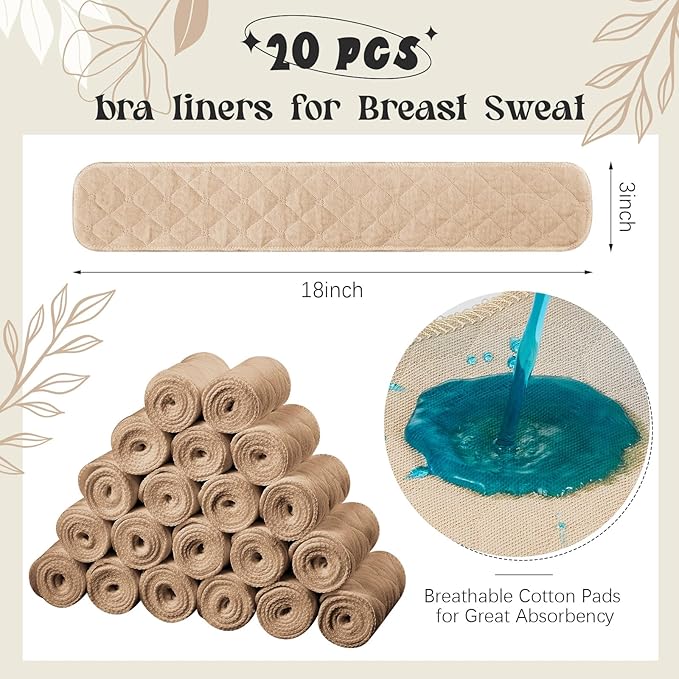 Toulite 20 Pcs Bra Liners for Sweat 18x3 Inch 3 Layer Washable Rectangle Cotton Under Breasts Pads for Women Absorb Sweating-VivaGrace Women