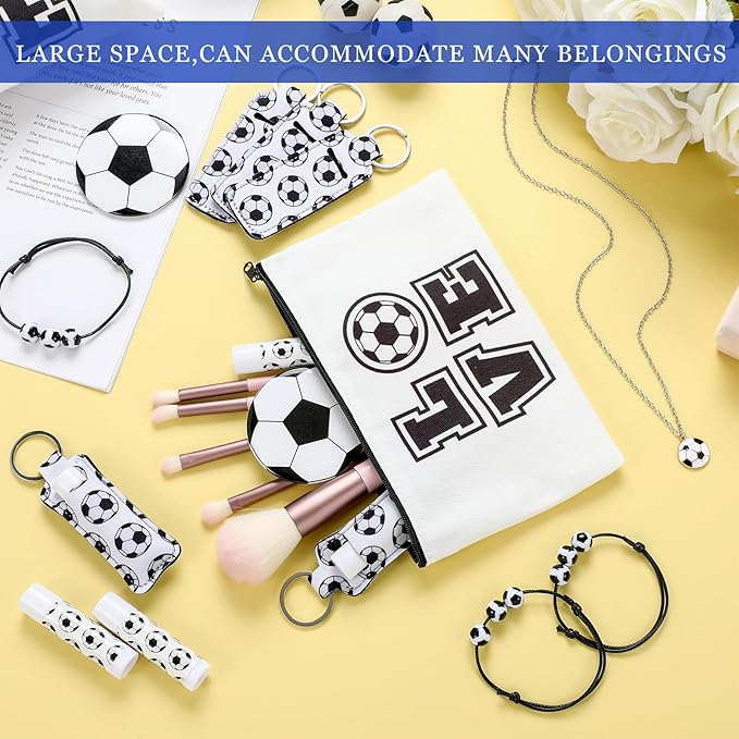 72 Pcs Sports Team Gifts Include 12 Makeup Bags 12 Lip Balm 12 Lip Balm Holder 12 Necklace 12 Adjustable Bracelet 12 Mirrors for Sports Lovers Players Party Favors (Black, Soccer)-VivaGrace Women