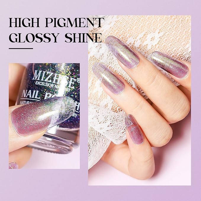 MIZHSE Quick Dry Nail Polish, Holographic Neon Purple Nail Polish Air Dry Fast, 15ml/0.5 fl oz Regular Sparkle Shimmery Oil-based Glitter Nail Lacquer Non Gel Full Coverage Nail Art Manicure Home