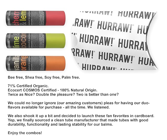 Hurraw! Cherry Lemon, Lime Coconut, and Vanilla Orange Lip Balm 3 Pack Bundle: Plastic-Free with new cardboard push-up tube. Certified Organic, Natural & Vegan. Bee, Shea, Soy & Palm Free. Made in USA-VivaGrace Women