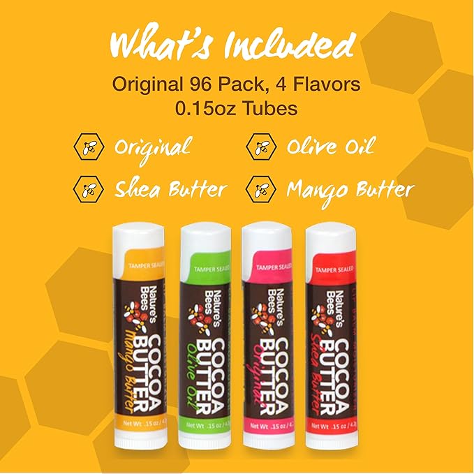 Nature's Bees - Cocoa Butter Lip Balm Moisturizer - Original 96 Pack, 4 Flavors - Original, Shea Butter, Mango Butter, Olive Oil - Made w/Coconut Oil, Beeswax, Vitamin E, Aloe - 0.15oz (4.2g)-VivaGrace Women