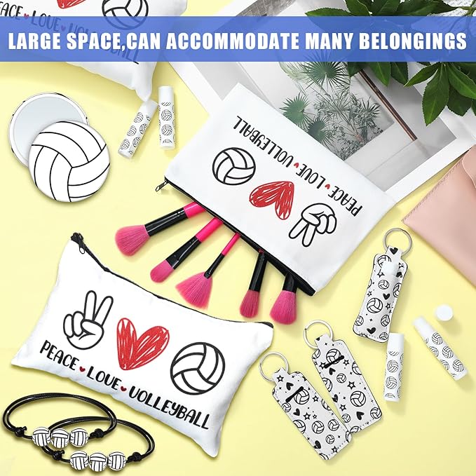 72 Pcs Sports Team Gifts Include 12 Makeup Bags 12 Lip Balm 12 Lip Balm Holder 12 Necklace 12 Adjustable Bracelet 12 Mirrors for Sports Lovers Players Party Favors (White, Volleyball)-VivaGrace Women