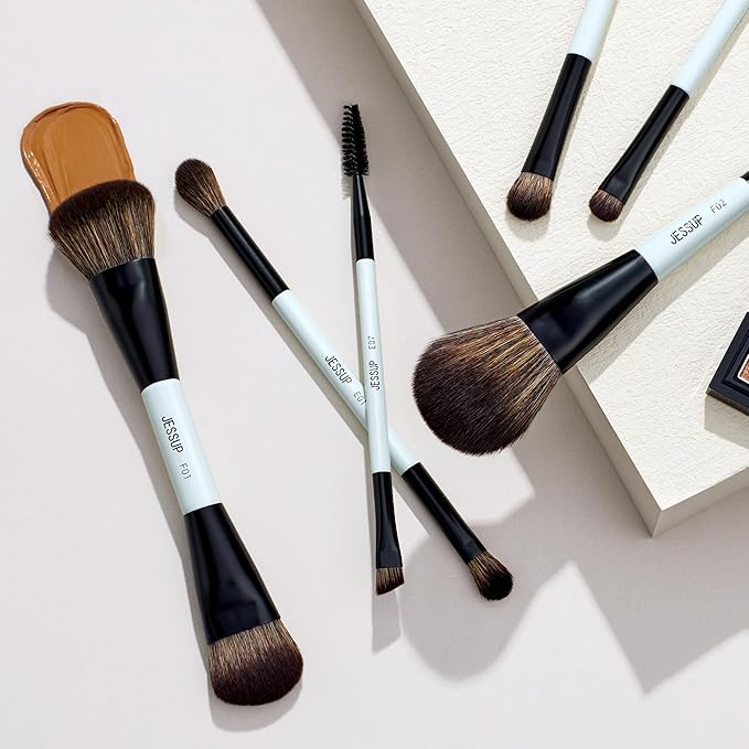 Jessup Makeup Brush Set 6pcs Double Sided Makeup Brushes Foundation Contour Blush Highlight Blending Eyebrow Brush Eyeshadow Brush, Vegan Fiber Make up Brush Bright Cyan T501-VivaGrace Women