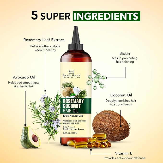 Botanic Hearth Rosemary, Coconut & Avocado Oil For Hair Growth (6.7 fl oz) Infused with Rosemary, Coconut, Biotin|Hair Oil Repairs Damaged Hair, Strengthening, Healthier Hair, Moisturizing- Hair Tonic-VivaGrace Women