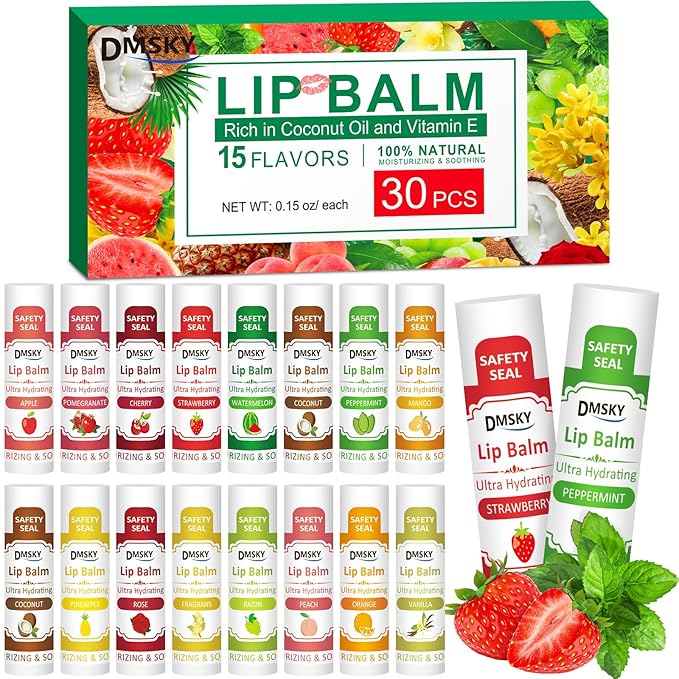 DMSKY 30 Pack Lip Balm, Natural Lip Balm Bulk with Vitamin E and Coconut Oil, Moisturizing Soothing Chapped Lips-15 Flavors-VivaGrace Women