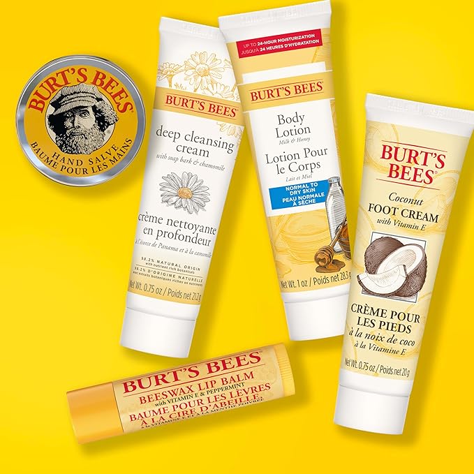 Burt's Bees Back to School Gifts Ideas, 5 Body Care College Dorm Products, Everyday Essentials Set - Original Beeswax Lip Balm, Deep Cleansing Cream, Hand Salve, Body Lotion & Foot Cream, Travel Size-VivaGrace Women