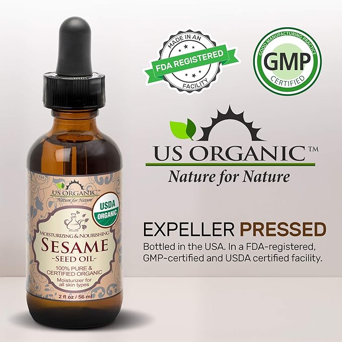 US Organic Sesame Seed Oil, USDA Certified Organic, Untoasted, Unrefined Virgin, 100% Pure & Natural, Cold Pressed, in Amber Glass Bottle w/Glass Eye dropper, Sourced from Mexico (4 oz (Large))-VivaGrace Women
