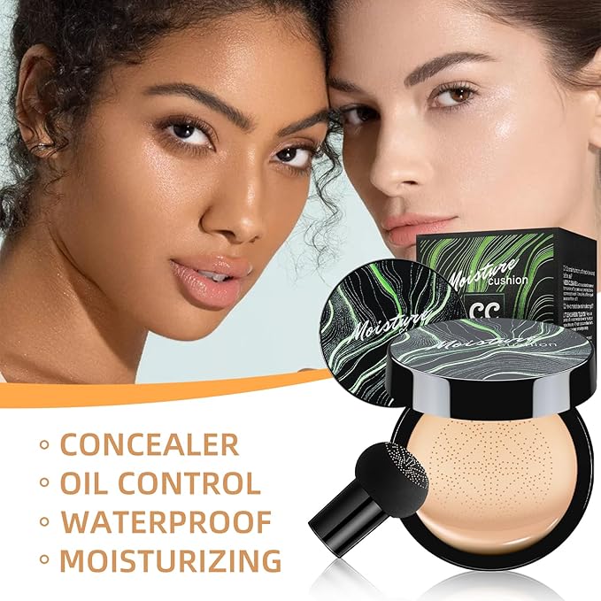 Mushroom Head Air Cushion CC Cream - BB Cream Foundation Makeup Moisturizing Concealer Long-Lasting, Cushion Foundation Full Coverage Self Adjusting for Mature Skin & All Skin Types (Natural)-VivaGrace Women