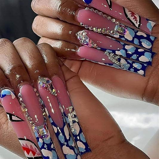 Extra Long Press on Nails,Gorgeous Patterns Fake Nails with Rhinestone False Nails(Pink & Blue)