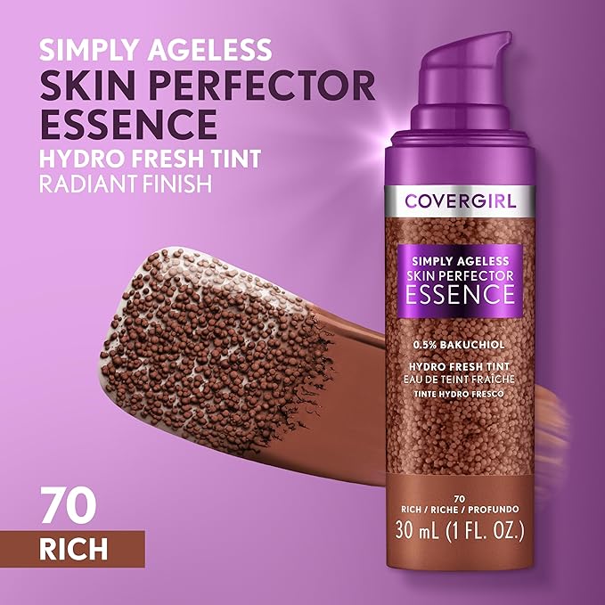 Covergirl Simply Ageless Skin Perfector Essence Foundation, 70 Rich, Tinted Skin Perfector, Skincare Makeup Hybrid, Sheer Tint, Radiant Finish, Skin-Like Finish, Vegan Formula, 1.0oz-VivaGrace Women