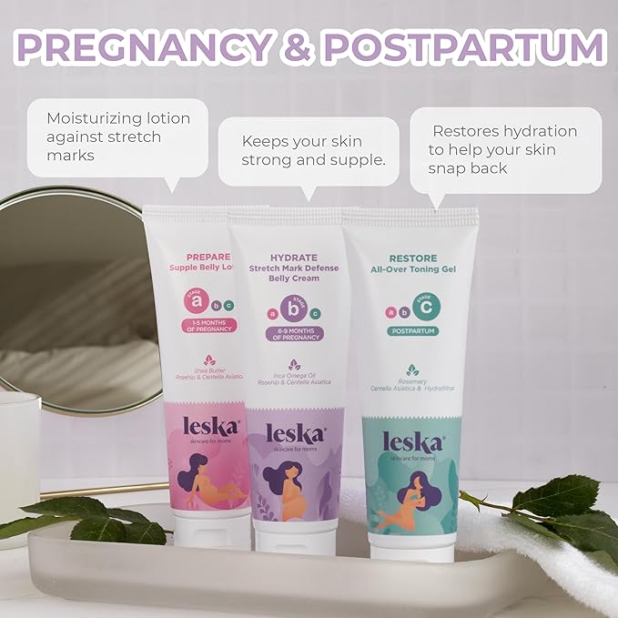 Leska Maternity Set | Belly Lotion, Stretch Mark Defense Cream, All-Over Toning Gel | All Maternity Stages Skin Care System for Pregnancy & Postpartum | New Mom Gifts (Set of 3, 4oz each)-VivaGrace Women