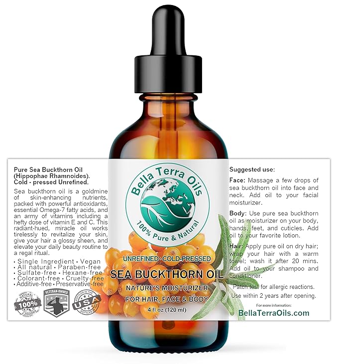 Bella Terra Oils - Sea Buckthorn Oil 4 oz - Unlock the Gold Standard in Skincare, Infused with Omega-3, Omega-6 & Carotenoids, Elevate Your Cosmetic Routine-VivaGrace Women