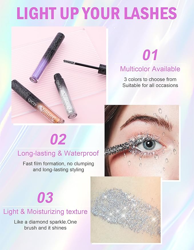 Glitter Mascara, Colored Mascara, Define Long Lasting & Waterproof Curling Eyelashes, Diamond Sparkle Mascara, Voluminous Lengthening Mascara for Women Party Stage Use #Gold mascara