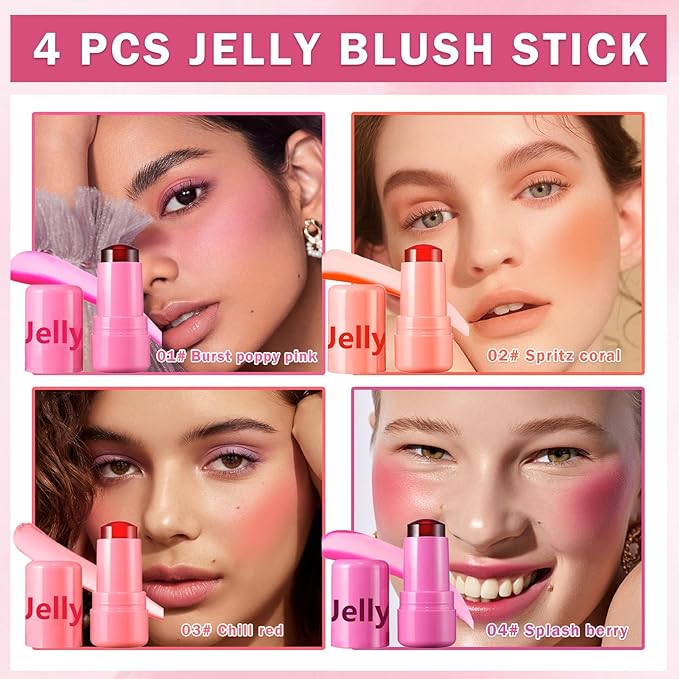 4PCS Cooling Water Jelly Tint Blush Stick for Cheeks,Multi-use Jelly Lip and Cheek Tint Stain,Moisturizing Natural Jelly Blush Stick,Buildable Watercolor Finish - Cruelty Free-VivaGrace Women
