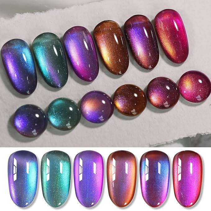 Born Pretty Magnetic Gel Nail Polish Set,Purple Blue Cat Magnetic Eye Gel Jelly Glass Crystal Magnetic Gel Polish Nail Art Manicure Kit 6PCS-VivaGrace Women
