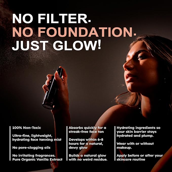 Face Tanning Mist, Organic Ingredients, Sunless Self Tanner, Bronzing, Hydrating, Steak-Free, Long Lasting Glow-VivaGrace Women